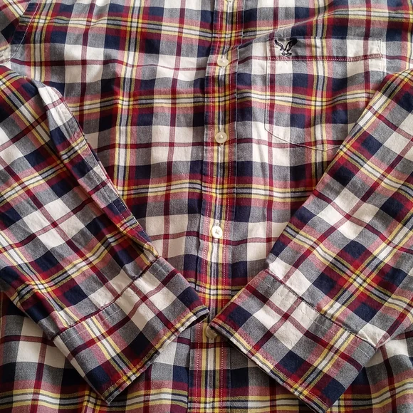 AMERICAN EAGLE OUTFITTERS RED YELLOW PLAID BUTTON DOWN SHIRT. SIZE (M ) - Picture 8 of 13